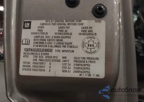 2002 GMC Yukon Xl 1500 Denali from USA, damaged, VIN 1GKFK66U62J248692